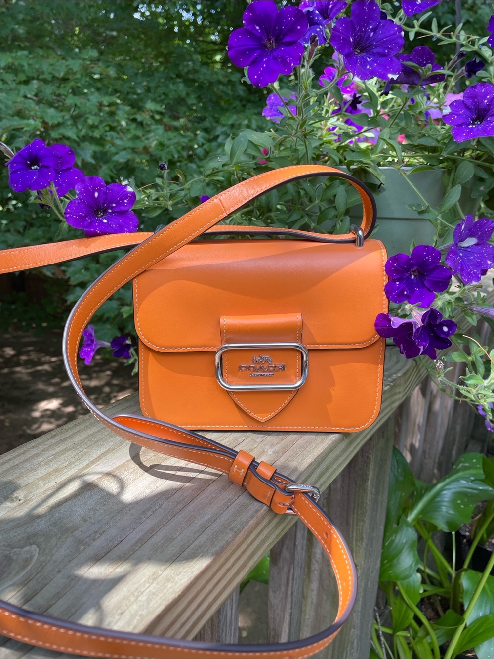Coach Morgan Bright Mandarin Orange Leather Crossbody Bag Signature Buckle